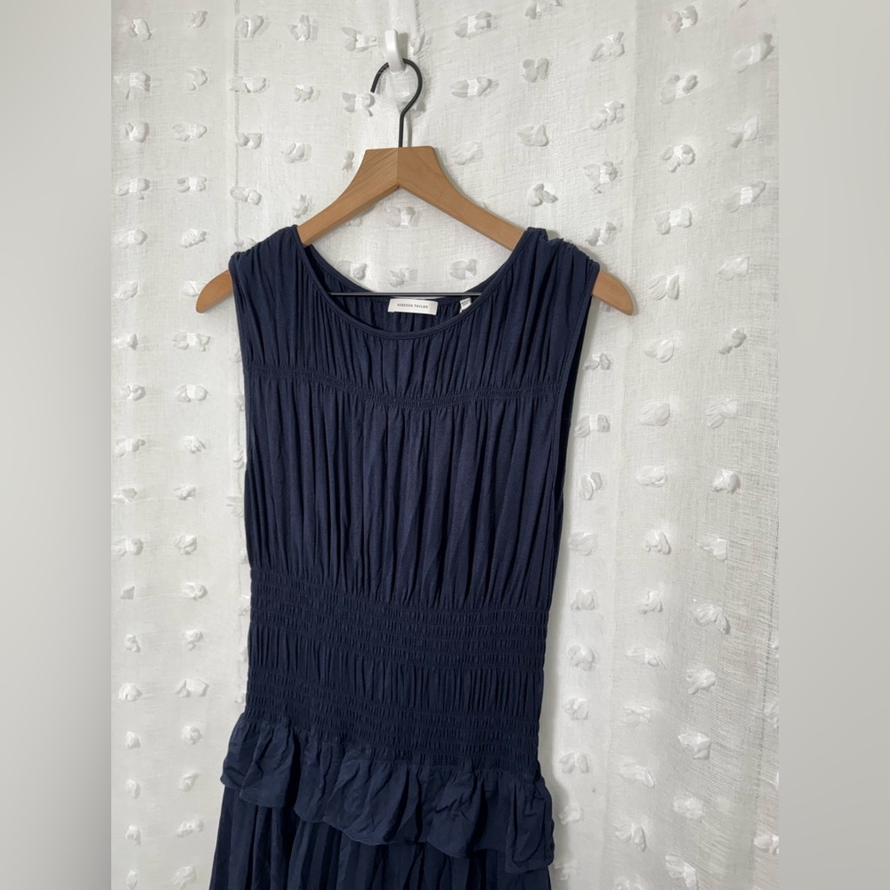 REBECCA TAYLOR  Tiered‎ Ruffle Layered Midi-Dress Marine Blue Cap Sleeves XL NWT - Picture 4 of 7
